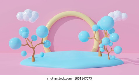 3d Pink Podium On Pastel Background Abstract Geometric Shapes With Cute Rainbow. Creative Ideas Minimal Summer Cloud And Tree Cartoon Kid. 3d Render For Pedestal Winner, Product Mockup Design.