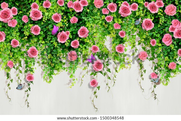 3D pink roses with butterflies mural on a living wall of greenery.