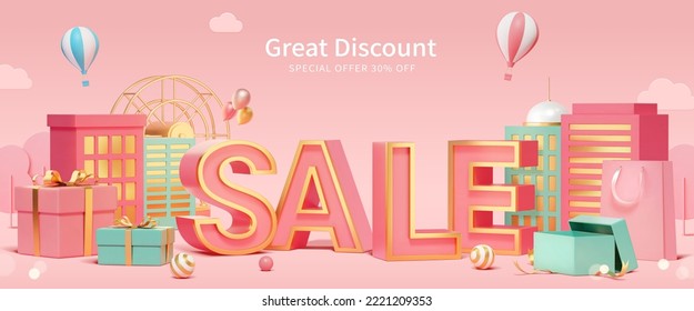 3D Pink shopping banner with city buildings and gift boxes and sale text on the ground - Powered by Shutterstock