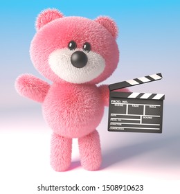 3d Pink Teddy Bear Cuddly Toy Character Holding A Movie Maker Film Slate, 3d Illustration Render