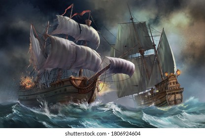 3d Pirates Ships In Sea Storm