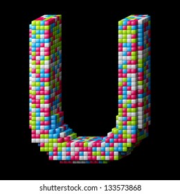 3d pixelated alphabet. Letter U made of glossy cubes isolated on black.