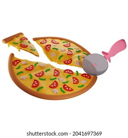 3d Pizza With Mushrooms Cut With A Pizza Knife Into Different Shares, Dividend Payout Concept, Isolated Illustration On A White Background, 3d Rendering