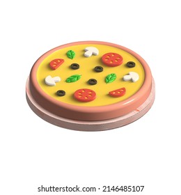 3d Pizza With Mushrooms, Olives, Tomatoes, And Basil On A Wooden Board. Isolated Illustration On A White Background.