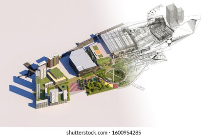 3d Plan Of An Urban Block, City Architecture, Engineering Design, BIM, 3d Rendering, 3d Illustration