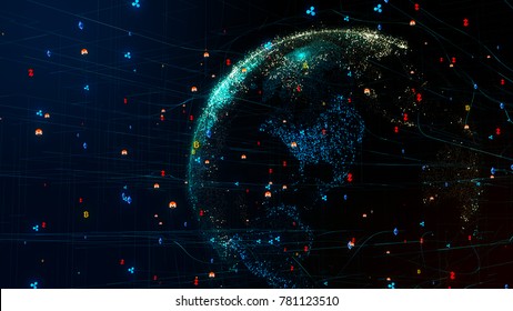 3D planet Earth in global futuristic cyber network with bitcoin, litecoin,  ethereum and other cryptocurrency around globe. Neural artificial grid shows data exchange in business