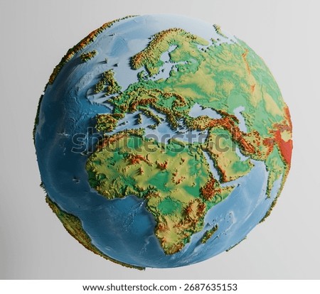 3d planet height map earth exaggerated topography europe africa continent view isolated on white studio background