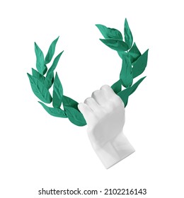 3d Plaster Sculpture Of A Hand Holds A Laurel Wreath, Isolated Illustration On White Background, 3d Rendering