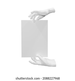 3d plaster sculpture hands holding a4 sheet  isolated white background  3d rendering