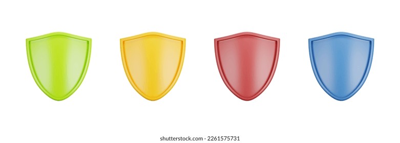 3D plastic shield set, colorful insurance safety badge kit, render cartoon security label front view. Game UI trophy award, guarantee web pictogram collection on white. 3D shield reward winner clipart - Powered by Shutterstock