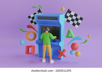 3D Playing Game Cabinet. Retro Arcade Machine With Blank Screen Illuminated. Retro Arcade Video Game Console. 3d Rendering