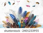 3d Plume wallpaper modern concept. Group of light white feathers floating in a blue sky. feathers illustration, for printing.