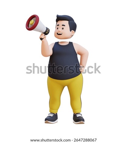 3D plus size overweight man give announcement with megaphone in fitness attire