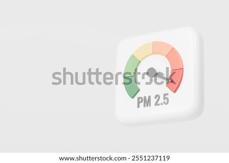 3d PM 2.5 Dust with Speedometer icon. Minimal Status Speedometer with arrow scale gauge. Low, Medium, High arrow status icon. Credit rating score. Air pollution protection awareness concept.3d render