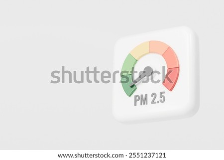 3d PM 2.5 Dust with Speedometer icon. Minimal Status Speedometer with arrow scale gauge. Low, Medium, High arrow status icon. Credit rating score. Air pollution protection awareness concept.3d render