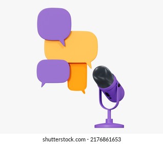 3D Podcast recording. Audio streaming with microphone. Online radio with speech bubble messages. Broadcast announcement. Cartoon creative design illustration isolated on white background. 3D Rendering - Powered by Shutterstock