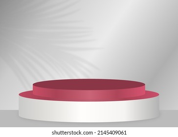 3d Podium Background For Product Showcase . 3d Podium For Display Cosmetic Or Beauty Product . Maroon And Silver 3d Podium . 3d Podium Background With Coconut Leaf Shadow.