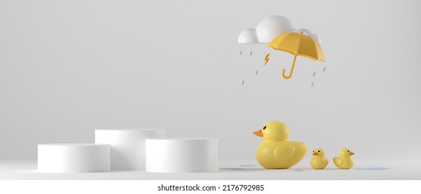 3d Podium Cartoon Yellow Duck And Clouds On White Background. 3d Concept Rainy Season For Banner, Cover, Brochure, Poster And Illustration