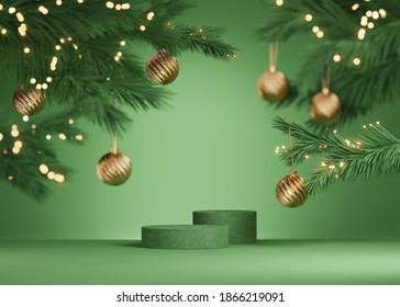 3D podium, Christmas display. Pastel green background. Gold Christmas ornament on tree branch with lights Minimal showcase stand for product presentation or text. Winter, abstract, 3D render mockup. - Powered by Shutterstock