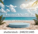 3D podium with copy space for product display presentation on beach with blue sky and white clouds abstract background. Tropical summer and vacation concept. Graphic rendering illustration design.