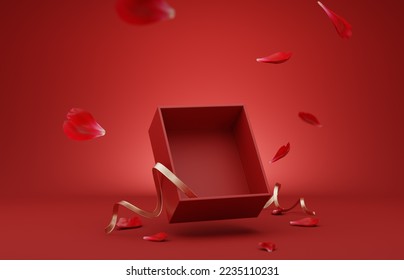  3D podium, display, background. Red, surprise, open gift box. Rose flower falling petals. Luxury cosmetic product presentation. Abstract, love, valentines day or woman's day. 3D render birthday mocku