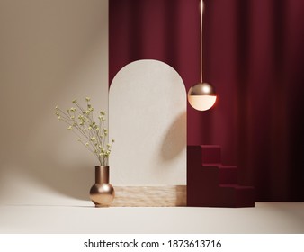 3D podium display, beige background with burgundy curtain and flowers. Wood pedestal stand with copy spa ce. Beauty, cosmetic product promotion Minimal Studio scene art deco abstract 3D render mockup