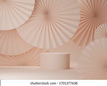 3D Podium Display Beige Beauty Mockup. Natural Simple Trendy Background With Paper Fan Medallions Copy Space Cylinder Shape Platform Showcase. 3D Render Minimalist Banner Promotion Abstract Template.