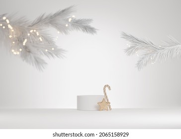 3D Podium Display, Christmas Background For Product Presentation Or Text.  Christmas Lights With White Pedestal Showcase With Christmas Tree. Studio Abstract, Winter 3D Render.