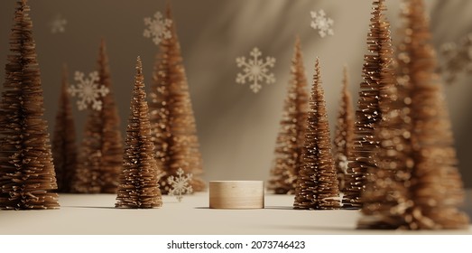 3D Podium Display, Christmas Tree Background For Product. Nature Christmas Beige Backdrop With Wood Stand. Pedestal Wooden Realistic Showcase. Brown, Studio Abstract, Winter 3D Render.