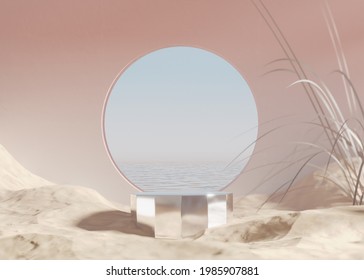 3D Podium Display With Ocean, Sand Beach. Pastel Beige Background, Circle Frame. Cosmetic, Beauty Product Promotion Mockup. Nature Shadow, Step Pedestal. Summer Minimal Banner 3D Render Illustration.