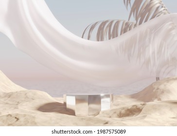 3D Podium Display With Ocean, Sand Beach. Pastel Beige Background With Palm Leaf. Cosmetic, Beauty Product Promotion Mockup. Nature Shadow, Step Pedestal. Summer Minimal Banner 3D Render Illustration