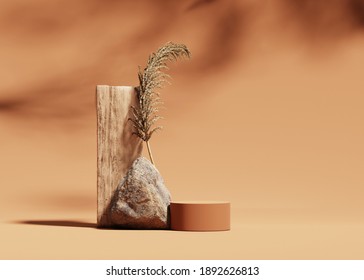 3D podium display on beige, background with stone, wood and dry pampas grass. Brown cosmetic, beauty product promotion rock pedestal with shadow.  Natural showcase. Abstract minimal studio 3D render