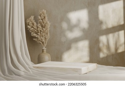 3D podium display on beige, background and dry pampas grass in vase. Bright cosmetic, beauty product promotion pedestal with shadow. Nature showcase composition . Abstract minimal studio 3D render