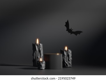 3D  Podium Display On Black Background. Halloween Flying Bat And Candles With Glowing Flame.  Gold Pedestal Showcase. Product Promotion. Abstract Banner, Empty Mockup, Spooky 3D Render 