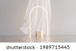 3D podium display on water with glowing gate white curtain cloth. Bright dreamy background with   Cosmetic beauty product promotion stand mock up. Step pedestal, minimal banner 3D render