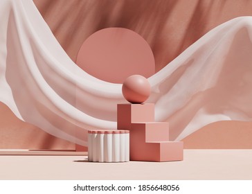 3D podium display, pastel pink background. Art deco steps and geometric shapes. Nature palm shadow, minimal, beauty product presentation. White  pedestal advertisement. Studio, abstract 3D render
