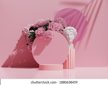 3D podium display, pastel pink background with flowers. White  Greek woman, stone statue. Round  pedestal stand. Cosmetic Product presentation. Peonies and palm leaf shadow. Nature, abstract 3D render