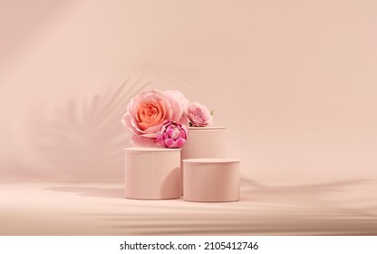 3D Podium Display, Pastel Pink Background With Rose Flowers. Peonies Flower And Palm Leaf Shadow. Minimal Pedestal For Beauty, Cosmetic Product. Valentine, Feminine Copy Space Template 3d Render