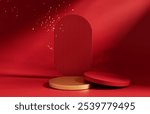 3D podium display. Red Christmas background. Winter, beauty product presentation. Gold confetti falling. New year pedestal showcase frame. 3D render mockup