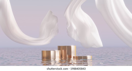 3D podium display set on water. Ocean view, Pastel background, white curtain cloth flying, levitating. Cosmetic beauty product promotion  nature mock up. Step pedestal, summer minimal banner 3D render