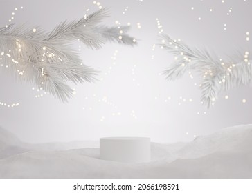 3D podium display, white Christmas background for product presentation or text.  Christmas lights with snow and pedestal showcase with Christmas tree. Studio abstract, winter 3D render. - Powered by Shutterstock