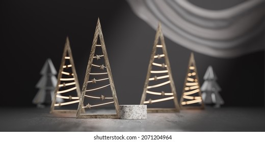 3D Podium Display, Wood Christmas Tree Background For Product. Modern Christmas Dark Backdrop With Snow Stand. Nature Pedestal Concrete, Luxury Showcase. Studio Abstract, Winter 3D Render.