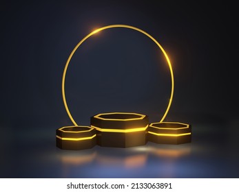 3D Podium Rendering Design Stage , Premium Gold and Black with Glowing Light for 3 Products Showcase.