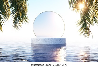 3D Podium Scene On Palm Beach. Ceramic Background Cylinder Forms On Water. 3d Rendering Illustration.