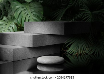 3D Podium, Stone Display Set. Jungle, Monstera Palm Leaf.  Nature Dark Background. Cosmetic, Beauty Product Promotion Mockup. Rock Concrete Pedestal. Gray Trendy Exotic, 3D Render Illustration.