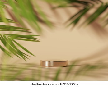 3D Podium, Tropical  Pedestal On Beige Background With Green Natural Palm Leaf. Yellow Gold Display Showcase For Beauty Product, Cosmetic Promotion. Abstract, Exotic Minimal Jungle Mockup, 3D Render