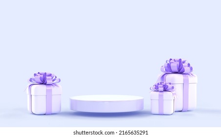 3D Podium and white gift boxes with purple bows on blue background. Mockup empty stage, platform for display product with presents or bonuses on Birthday, Valentine, Christmas or New Year, 3d render - Powered by Shutterstock