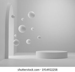 3d Podium White On White Background. Abstract Minimal Scene With Geometrical Forms. Scene To Show Cosmetic Products. Showcase, Display Case.