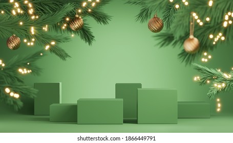 3D Podiums, Christmas Display. Pastel Green Background. Gold Christmas Ornament On Tree Branch With Lights Minimal Showcase Stand Set For Product Presentation. Winter, Abstract, 3D Render Mockup.