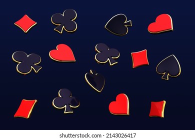 3D poker card suits - hearts, clubs, spades and diamonds. Casino gambling 3d render 3d rendering illustration. gold objects.